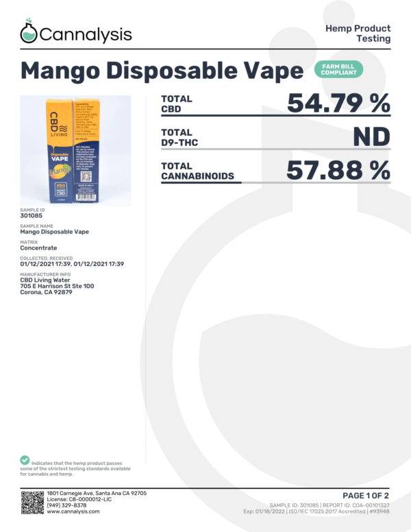 CBD Living Mango Disposable Vape Certificate of Analysis Page 1