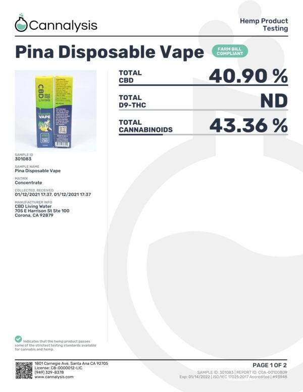 CBD Living Disposable Vape Piña Flavor Certificate of Analysis Page 1