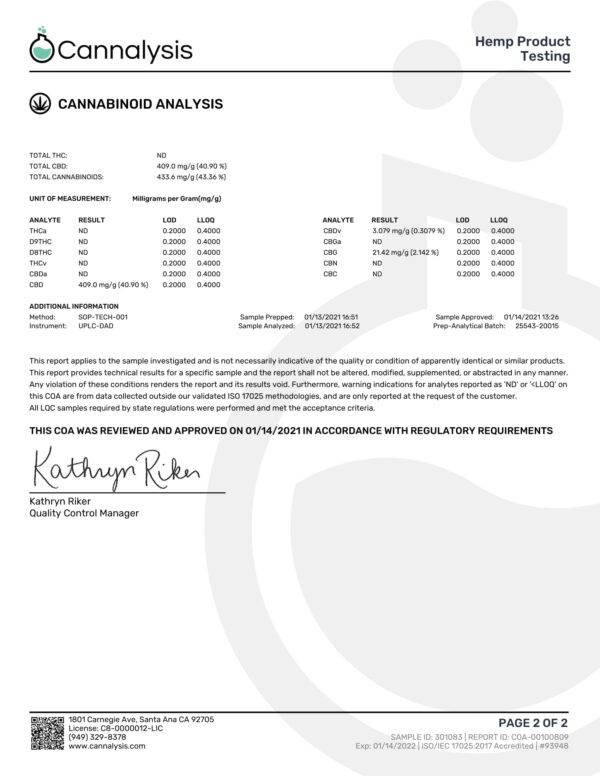 CBD Living Disposable Vape Piña Flavor Certificate of Analysis Page 2