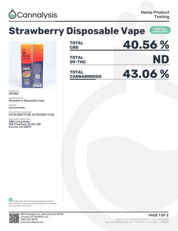 CBD Living Disposable Vape Strawberry Banana Flavor Certificate of Analysis Page 1