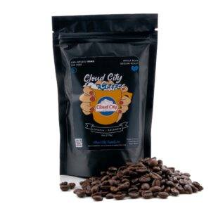 Cloud City Premium CBD Coffee 4oz Packaging with Fresh Coffee Beans