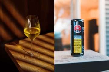 Wine compared with THC-infused cannabis beverage, illustrating the growing trend of cannabis as an alternative to alcohol. 